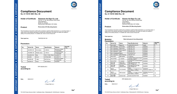Il sistema di montaggio solare ART SIGN è stato verificato con certificazione TUV.
